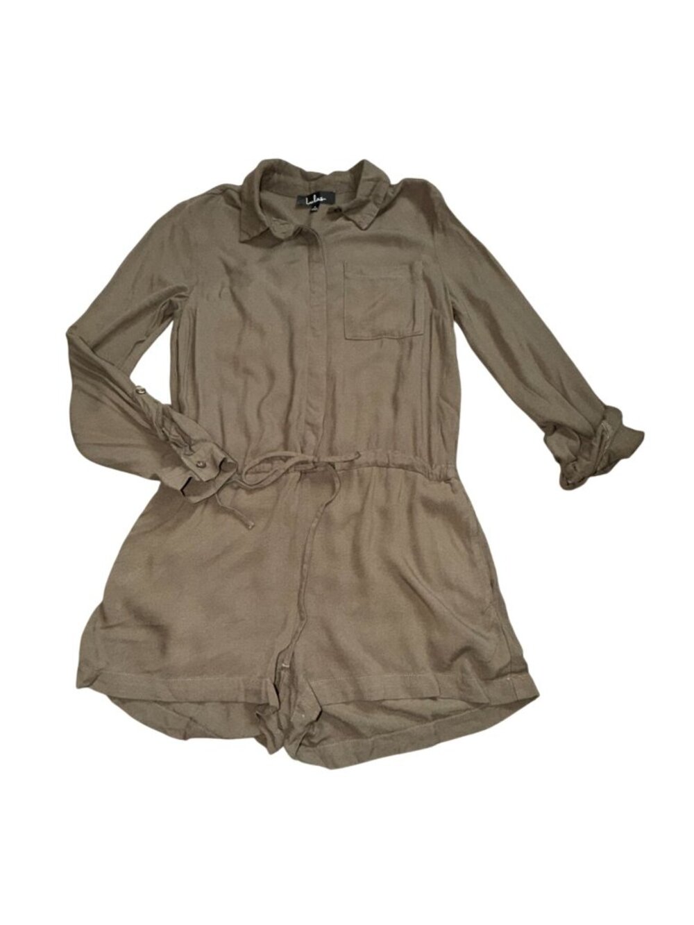 Lulus Olive Green Utility Romper Long Sleeve Button Front Size Small-GUC